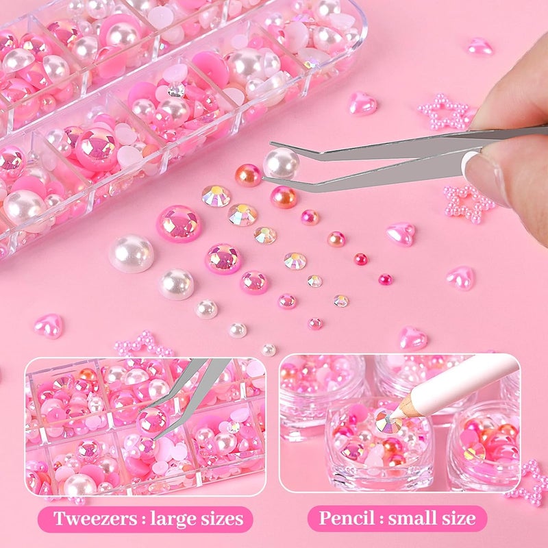 NACHLYNN 60g Mix Pearls and Half Round Rhinestones for Crafts Flatback Rhinestones Mixed Size 3mm-10mm Flatback Pearls for DIY Nail Art Shoes Apparel Tumblers Mugs (Pink White) - Image 2